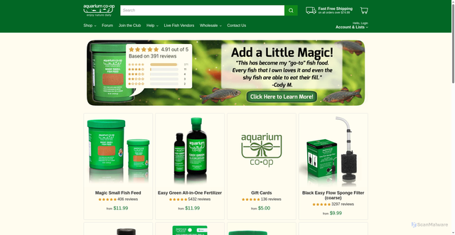Security scan screenshot of https://aquariumcoop.com