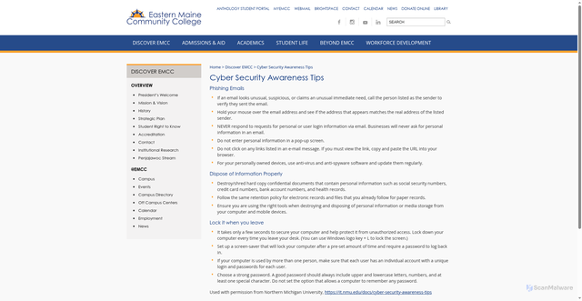 Security scan screenshot of https://www.emcc.edu/discover-emcc/cyber-security-awareness-tips/