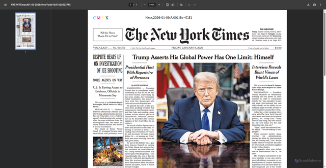 Security scan screenshot of https://static01.nyt.com/images/2026/01/09/nytfrontpage/scan.pdf