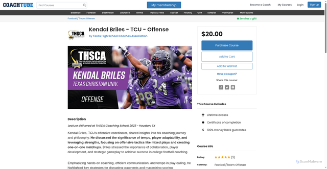 Security scan screenshot of https://coachtube.com/course/football/kendal-briles-tcu-offense/19526951