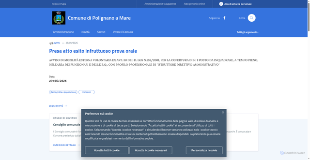 Security scan screenshot of https://www.comune.polignanoamare.ba.it
