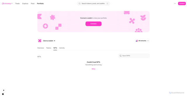 Security scan screenshot of http://web-git-06-17-featwebaddportfoliopoolsanimatednu-18150b-uniswap.vercel.app/portfolio/nfts