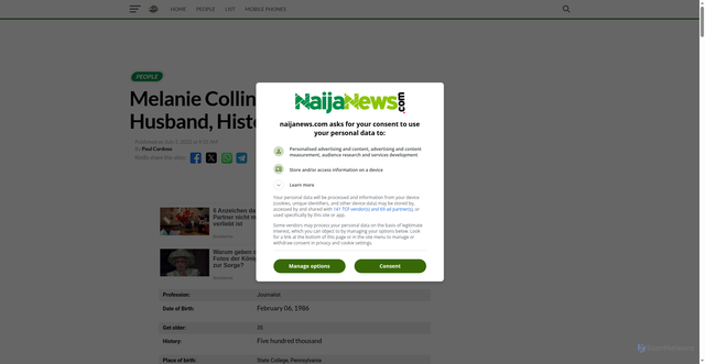 Security scan screenshot of https://www.naijanews.com/buzz/people/melanie-collins-bio-family-career-husband-heritage-measurements/