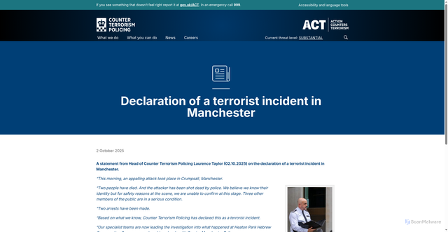 Security scan screenshot of https://www.counterterrorism.police.uk/declaration-of-a-terrorist-incident-in-manchester/