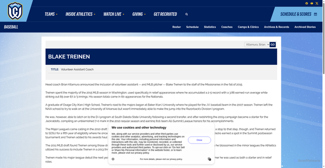 Security scan screenshot of https://whitmanblues.com/sports/baseball/roster/coaches/blake-treinen/135
