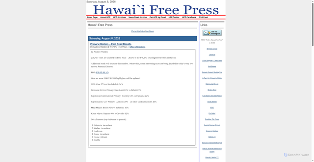 Security scan screenshot of https://www.hawaiifreepress.com/Articles-Main/ID/49549/Primary-Election--First-Read-Results
