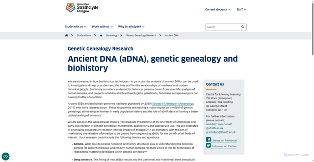 Security scan screenshot of https://www.strath.ac.uk/studywithus/centreforlifelonglearning/genealogy/geneticgenealogyresearch/ancientdna/