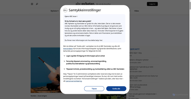 Security scan screenshot of https://abcnyheter.no