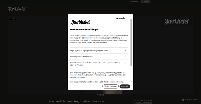 Security scan screenshot of https://www.jbl.no/nyheter/haaland-klemmer-prinsesse-ingrid-alexandra-etter-kamp-seier-mot-brasil/v/5-95-3132523