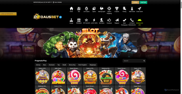 Security scan screenshot of https://dausbetkuberani.click/desktop/game/slot/pragmaticplay
