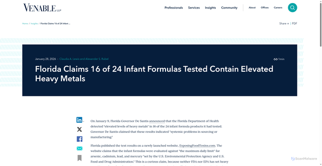 Security scan screenshot of https://www.venable.com/insights/publications/2026/01/florida-claims-16-of-24-infant-formulas-tested
