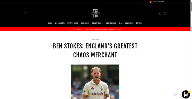 Security scan screenshot of https://mysterycricket.com/blogs/cricket/ben-stokes?srsltid=AfmBOoqNjOt3qlnX0BLz-8mZpnqTlmNXL8FYzUzgc6hXcUE9J-jFsER_
