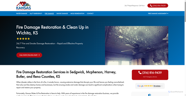 Security scan screenshot of https://restorationkansas.com/services/fire-damage-restoration/