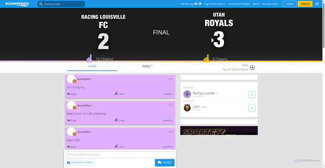 Security scan screenshot of https://stream.scorestream.com/game/utah-vs-racing-louisville-5854108