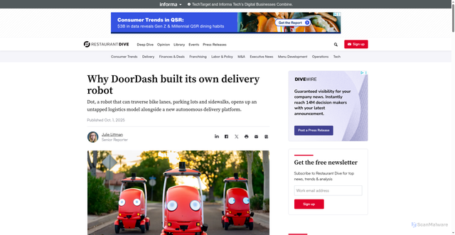 Security scan screenshot of https://www.restaurantdive.com/news/doordash-dot-smart-scales-autonomous-delivery-platform/761494/