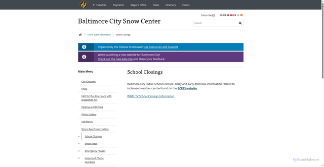 Security scan screenshot of https://snow.baltimorecity.gov/school-closing