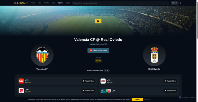 Security scan screenshot of https://sports.justwatch.com/us/soccer/laliga/valencia-cf-real-oviedo