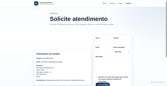 Security scan screenshot of https://romadespachante.digital/contato.html
