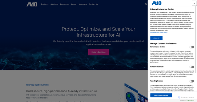 Security scan screenshot of https://a10networks.com