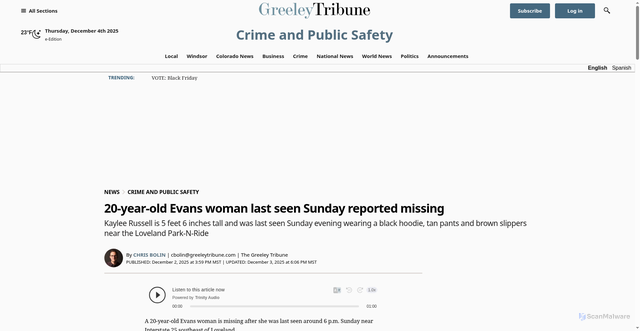 Security scan screenshot of https://www.greeleytribune.com/2025/12/02/missing-person-evans-kaylee-russell/
