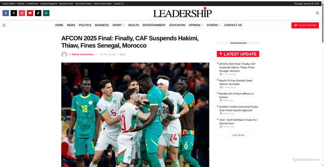 Security scan screenshot of https://leadership.ng/afcon-2025-final-finally-caf-suspends-hakimi-thiaw-fines-senegal-morocco/