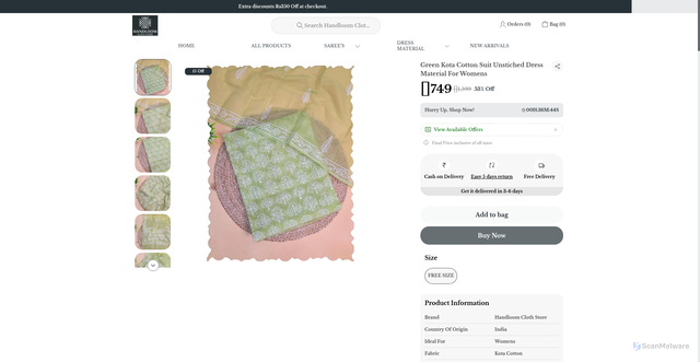 Security scan screenshot of https://handloomclothstore.com/Green-Kota-Cotton-Suit-Unstiched-Dress-Material-For-Womens/catalogue/22IgWMTL/4md0NmjV