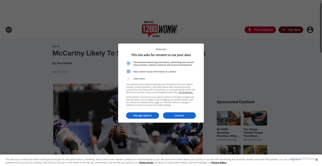 Security scan screenshot of https://wonw1280.iheart.com/content/2026-08-20-mccarthy-likely-to-start-for-vikings-this-week/