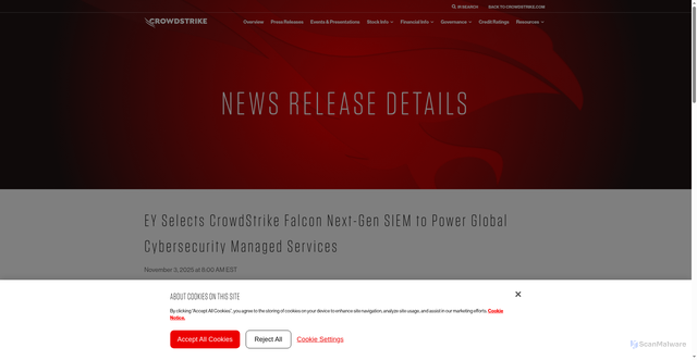 Security scan screenshot of https://ir.crowdstrike.com/news-releases/news-release-details/ey-selects-crowdstrike-falcon-next-gen-siem-power-global
