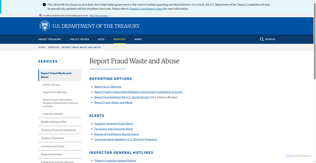 Security scan screenshot of https://home.treasury.gov/services/report-fraud-waste-and-abuse