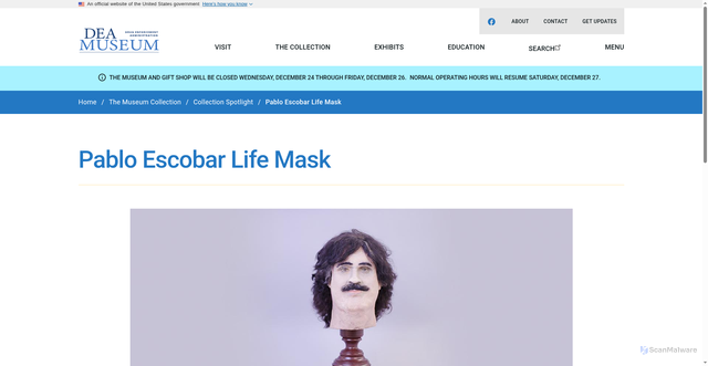 Security scan screenshot of https://museum.dea.gov/museum-collection/collection-spotlight/artifact/pablo-escobar-life-mask