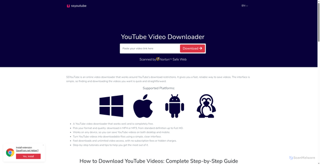 Security scan screenshot of https://www.ssyoutube.com