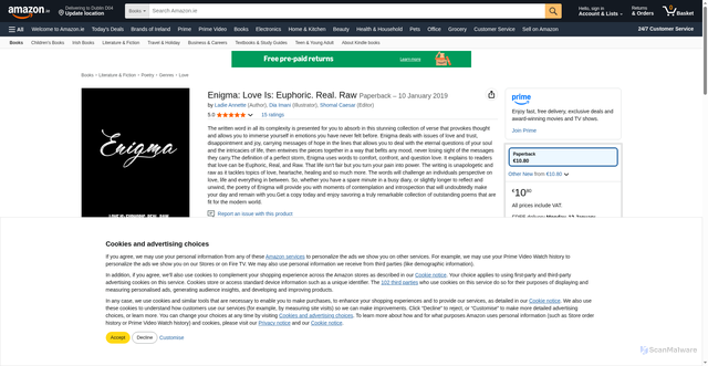 Security scan screenshot of https://www.amazon.ie/Enigma-Love-Euphoric-Real-Raw/dp/0692145311
