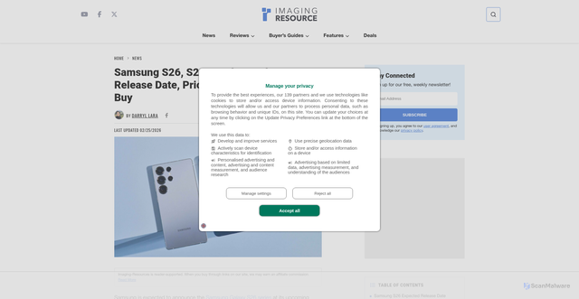 Security scan screenshot of https://www.imaging-resource.com/news/samsung-s26-s26-and-s26-ultra-release-date-price-specs-and-where-to-buy/