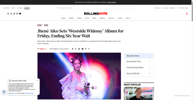 Security scan screenshot of https://rollinghype.com/jhene-aiko-westside-whimsy-album/