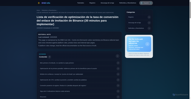 Security scan screenshot of https://bnbcoininfo.com/es/tutorials/referral/binance-invitation-link-conversion-checklist/