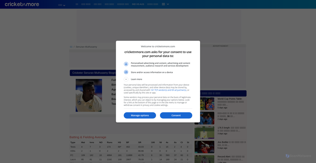 Security scan screenshot of https://hindi.cricketnmore.com/player-profiles/535393/senuran-muthusamy