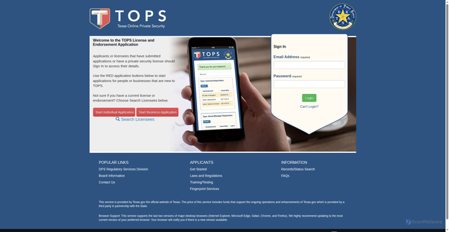 Security scan screenshot of https://tops.portal.texas.gov