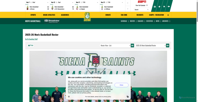 Security scan screenshot of https://sienasaints.com/sports/mens-basketball/roster