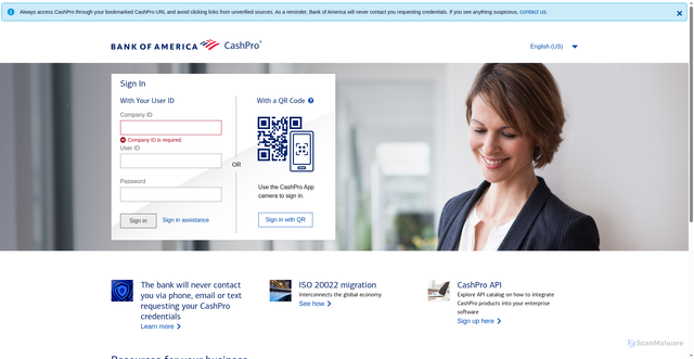 Security scan screenshot of https://online3.cashpro.bankofamerica.com