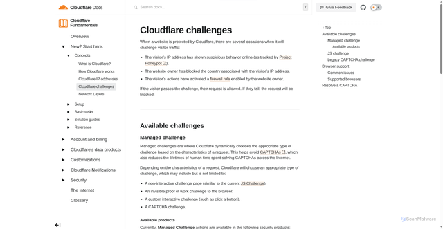 Security scan screenshot of https://cloudflare-docs-siq.pages.dev/fundamentals/get-started/concepts/cloudflare-challenges/