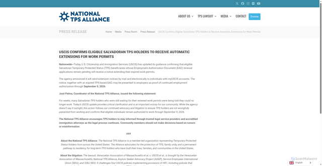Security scan screenshot of https://www.nationaltpsalliance.org/uscis-confirms-eligible-salvadoran-tps-holders-to-receive-automatic-extensions-for-work-permits/