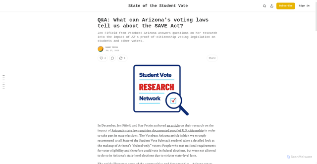 Security scan screenshot of https://stateofthestudentvote.substack.com/p/q-and-a-what-can-arizonas-voting