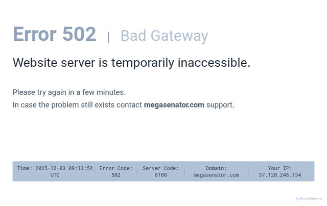 Security scan screenshot of http://megasenator.com/