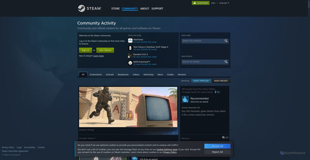 Security scan screenshot of https://steamcommunity.com/