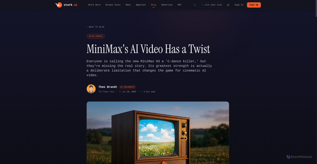 Security scan screenshot of https://www.stork.ai/blog/minimaxs-ai-video-has-a-twist