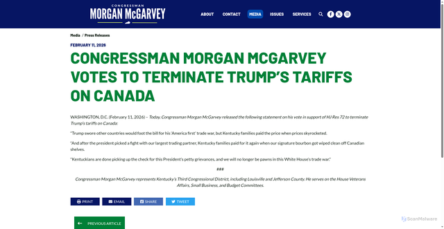 Security scan screenshot of https://mcgarvey.house.gov/media/press-releases/congressman-morgan-mcgarvey-votes-to-terminate-trumps-tariffs-on-canada