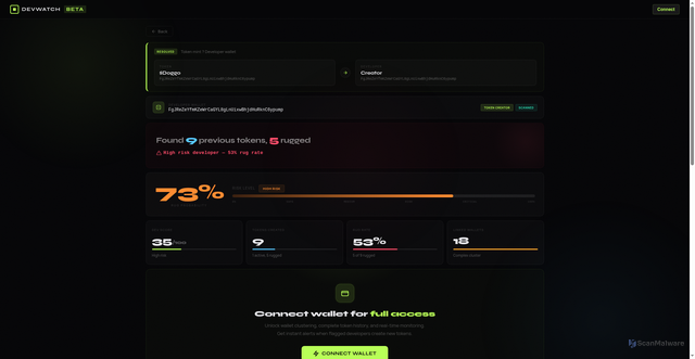 Security scan screenshot of https://check-sntgayrd.devwatchbuild.me/?address=FgJReZeYfmKZeWrCaGYL8gLnUixwBhjdHuRknC6ypump