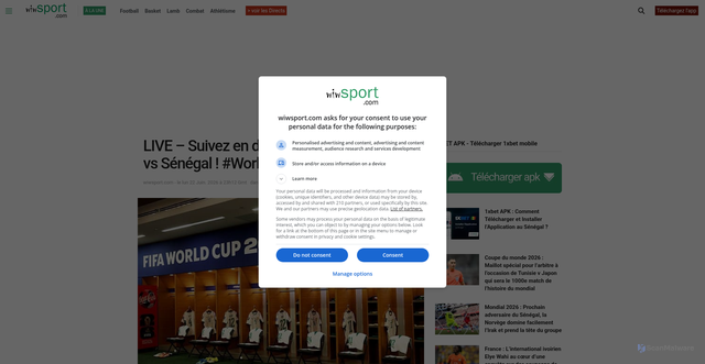 Security scan screenshot of https://wiwsport.com/2026/06/22/live-suivez-en-direct-le-match-norvege-vs-senegal-worldcup2026/