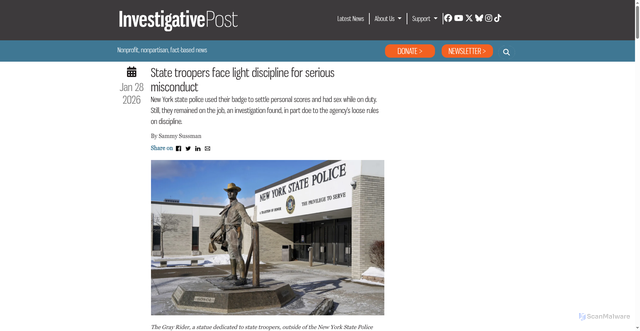 Security scan screenshot of https://investigativepost.org/2026/01/28/new-york-state-troopers-face-light-discipline-for-serious-misconduct/