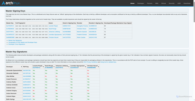 Security scan screenshot of https://master-key.archlinux.org